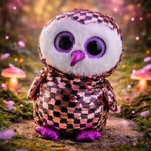TY Beanie Boo “Checks” Sequin Owl Plush – Reversible Sparkle (9”)